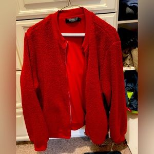 Fuzzy red bomber jacket